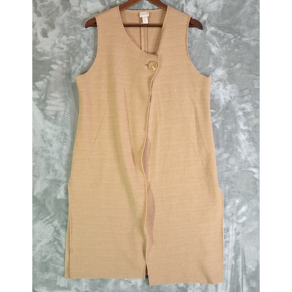 Chicos Long Sweater Vest 1 M Medium Camel Beige Knit Asymmetric Button Slit